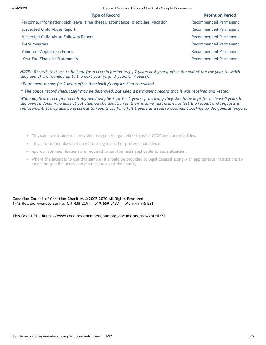 CCCC Record Retention Periods Checklist   Sample Documents